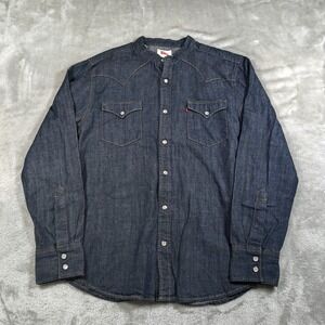 Levis Denim Shirt Men Medium Western Button Up Collarless Cowboy Pearl Snap